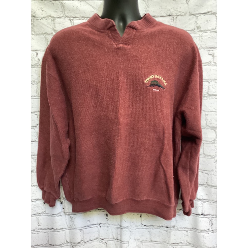 Tommy Bahama Relax Mens Medium Burgundy Red Cotton Pullover Marlin Sweatshirt